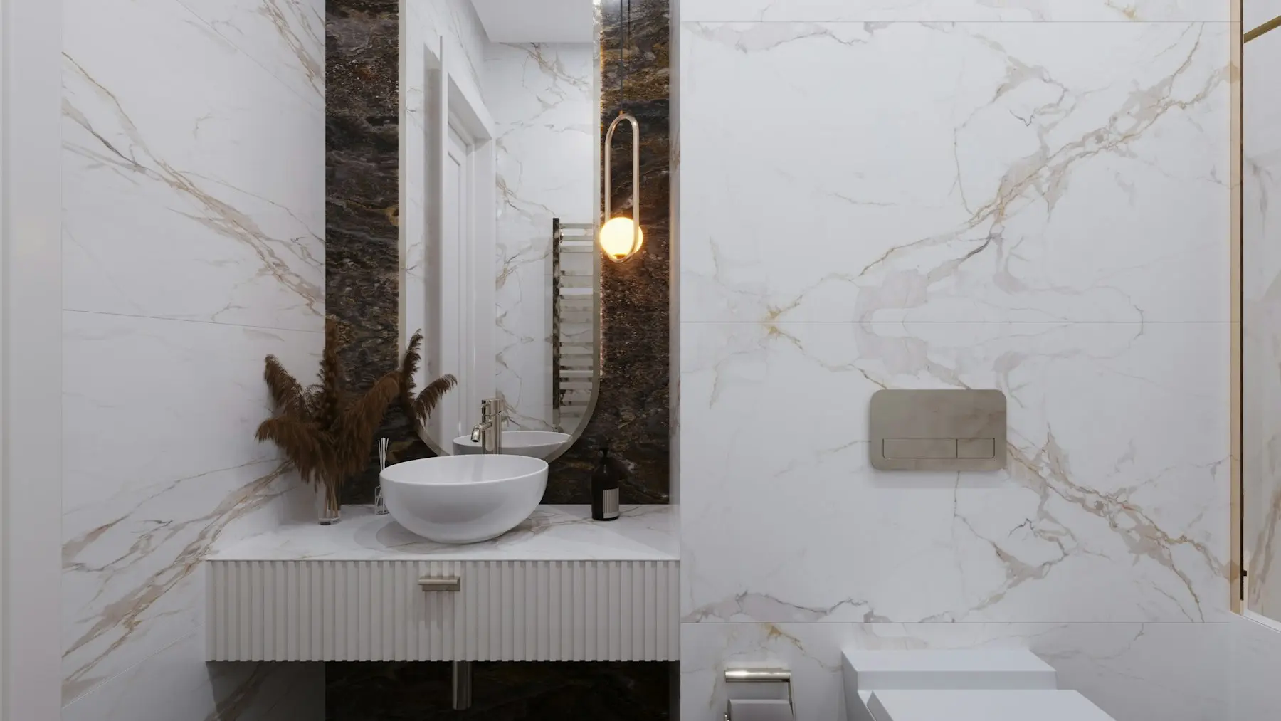 The bathroom with a stone basin, a wall mirror and a walk-in shower