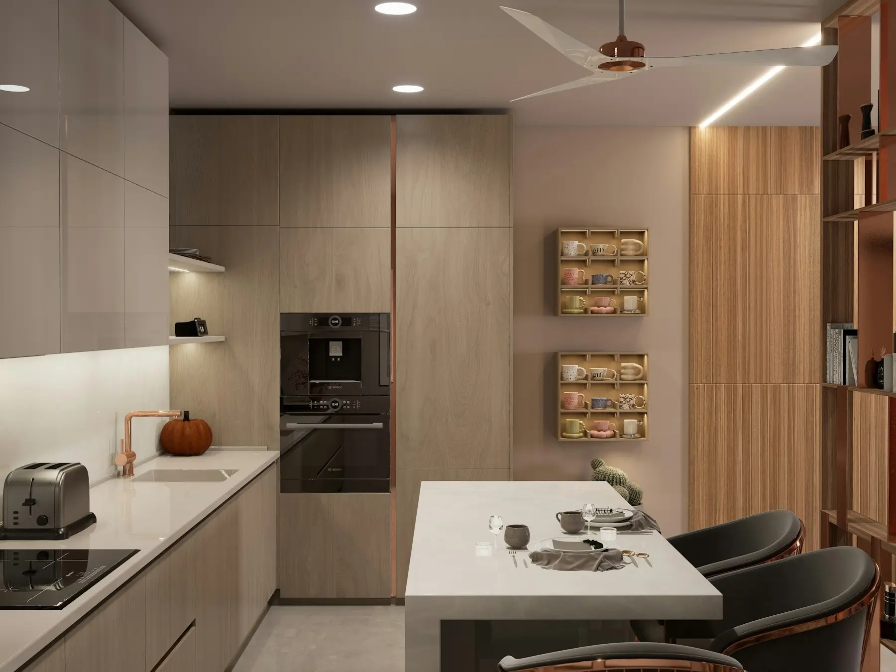 The kitchen counter with a breakfast bar and two stools