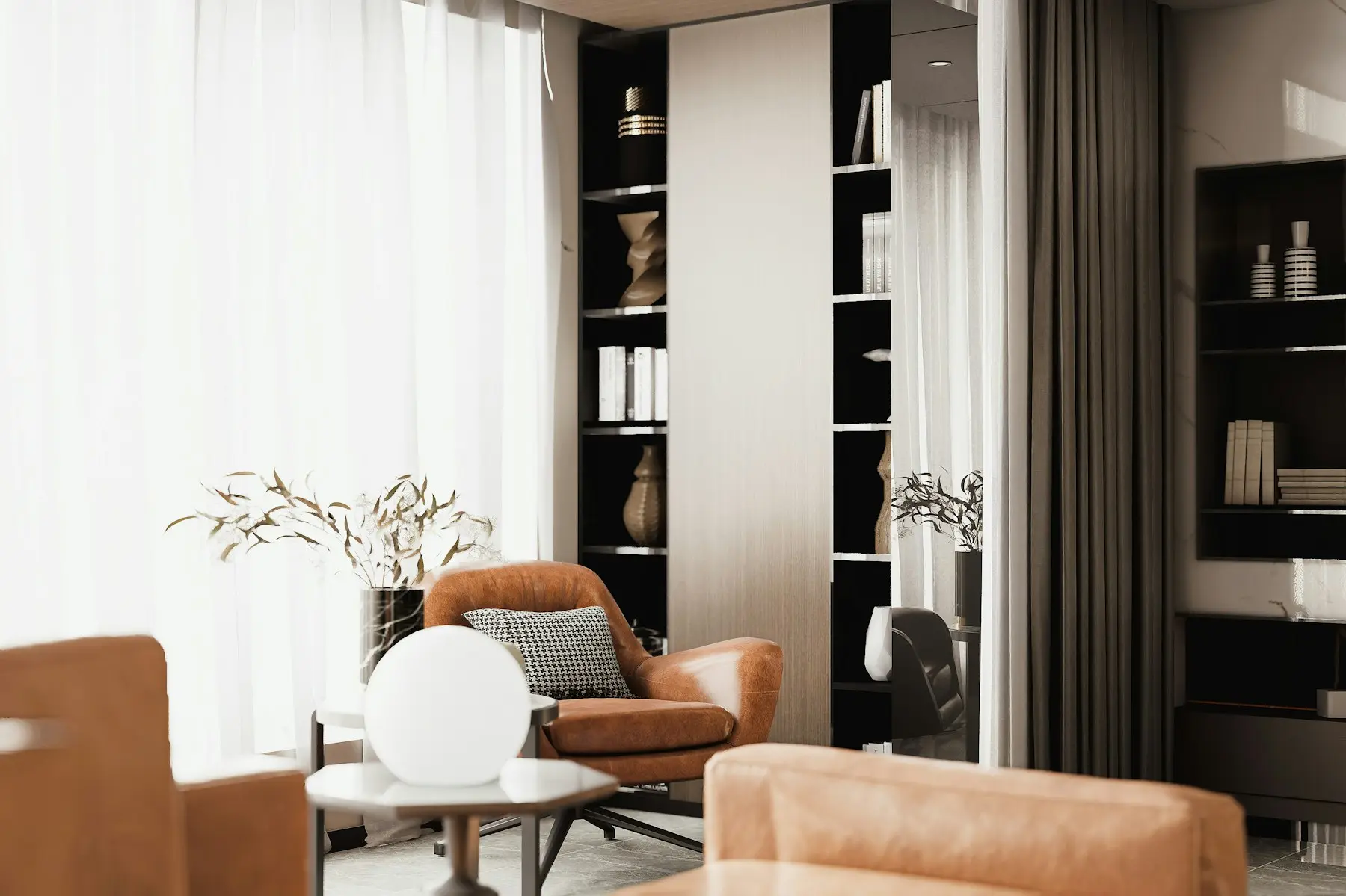 Reading corner with an armchair, a round paper lamp and a filled bookshelf
